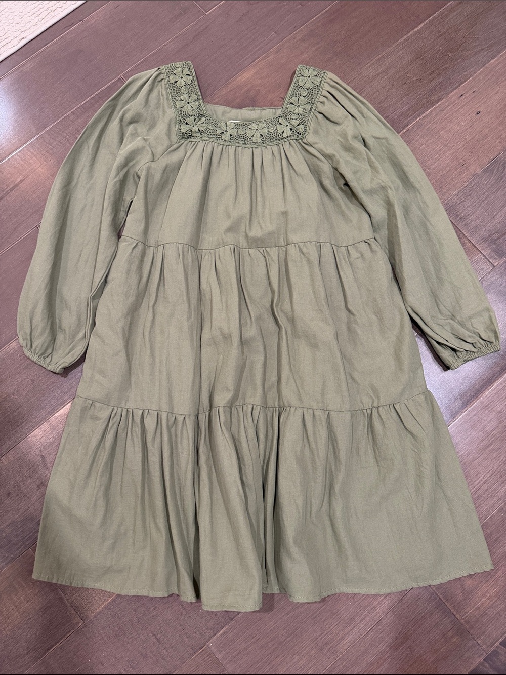 Hayden Olive Green Tiered Dress with Crochet Yoke